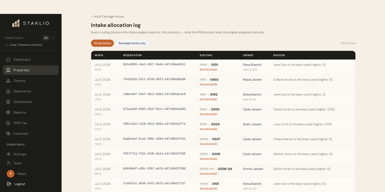 Allocation audit log with original and assigned units