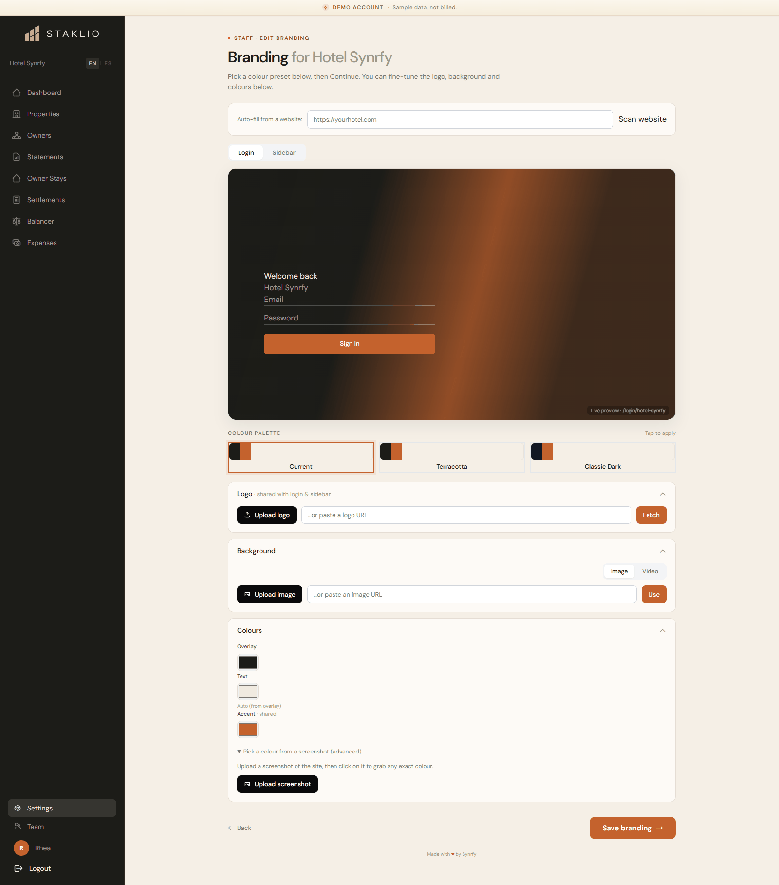 Branding settings with logo and colour pickers