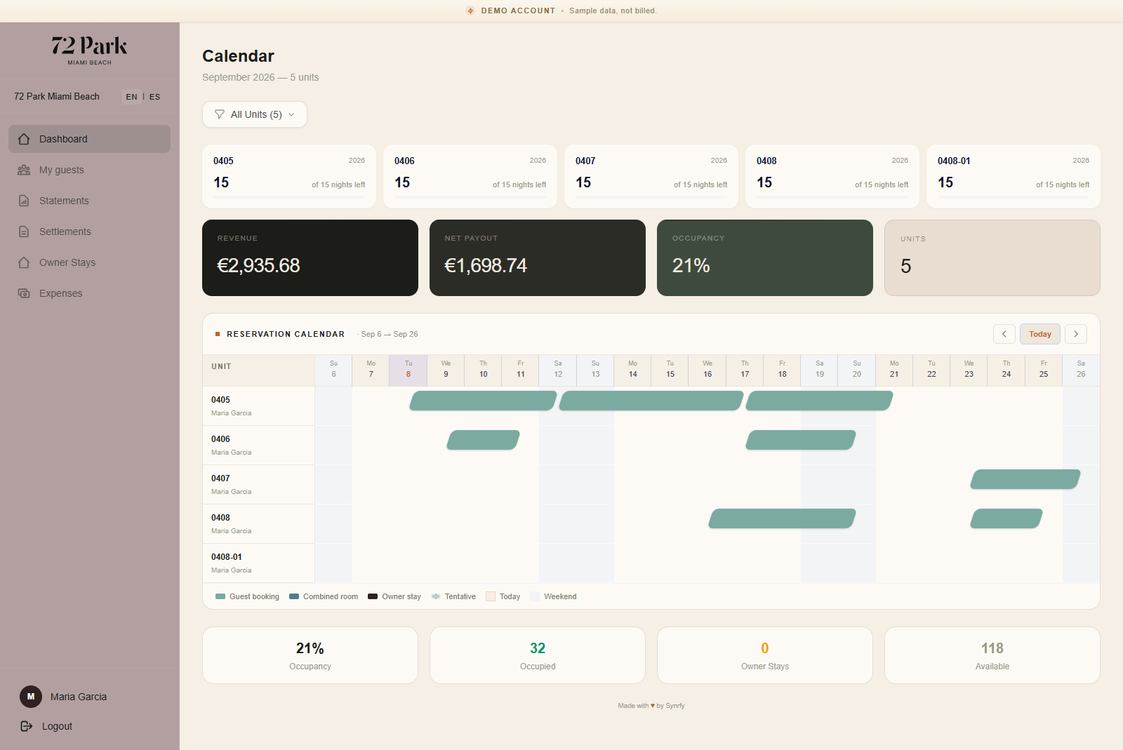 Owner portal dashboard