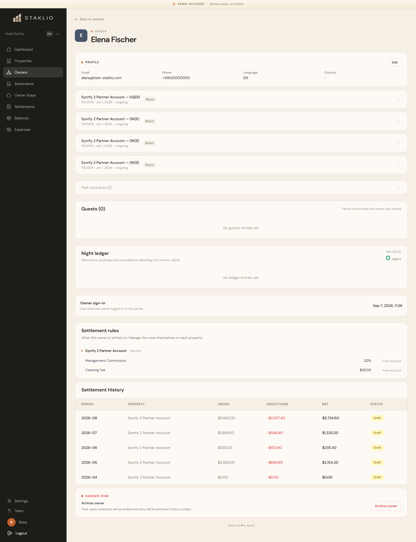 Owner detail showing owned units with room-type pills