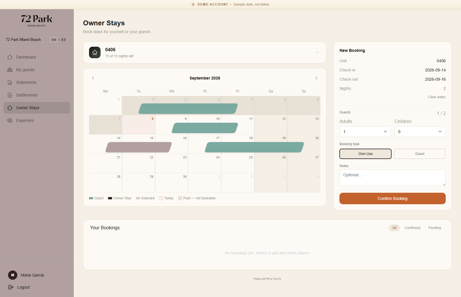 Booking an owner stay from the owner portal