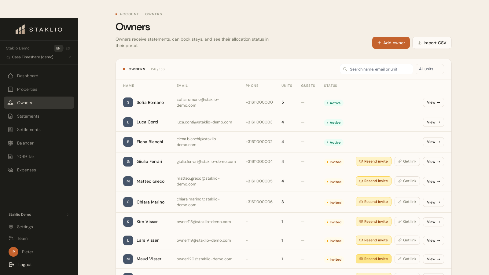 Owners list with search, filters and Add owner button