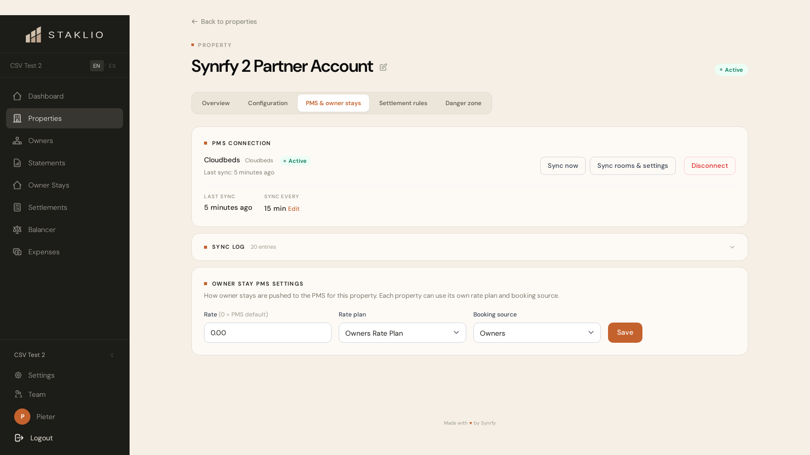 PMS connection card on the property page