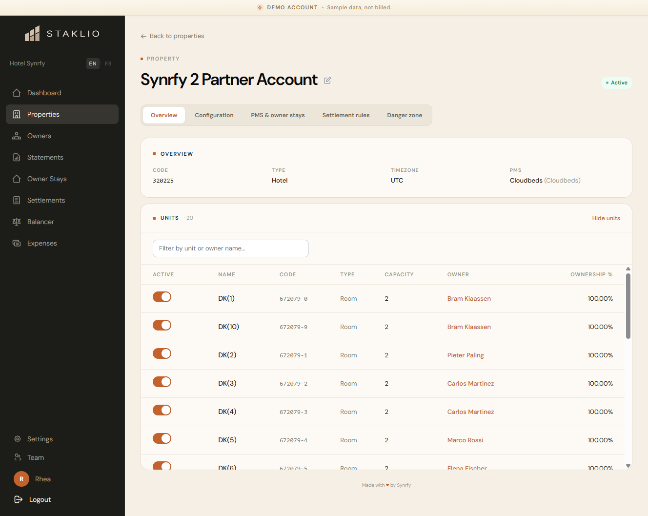 Property detail page with units, owners and settings