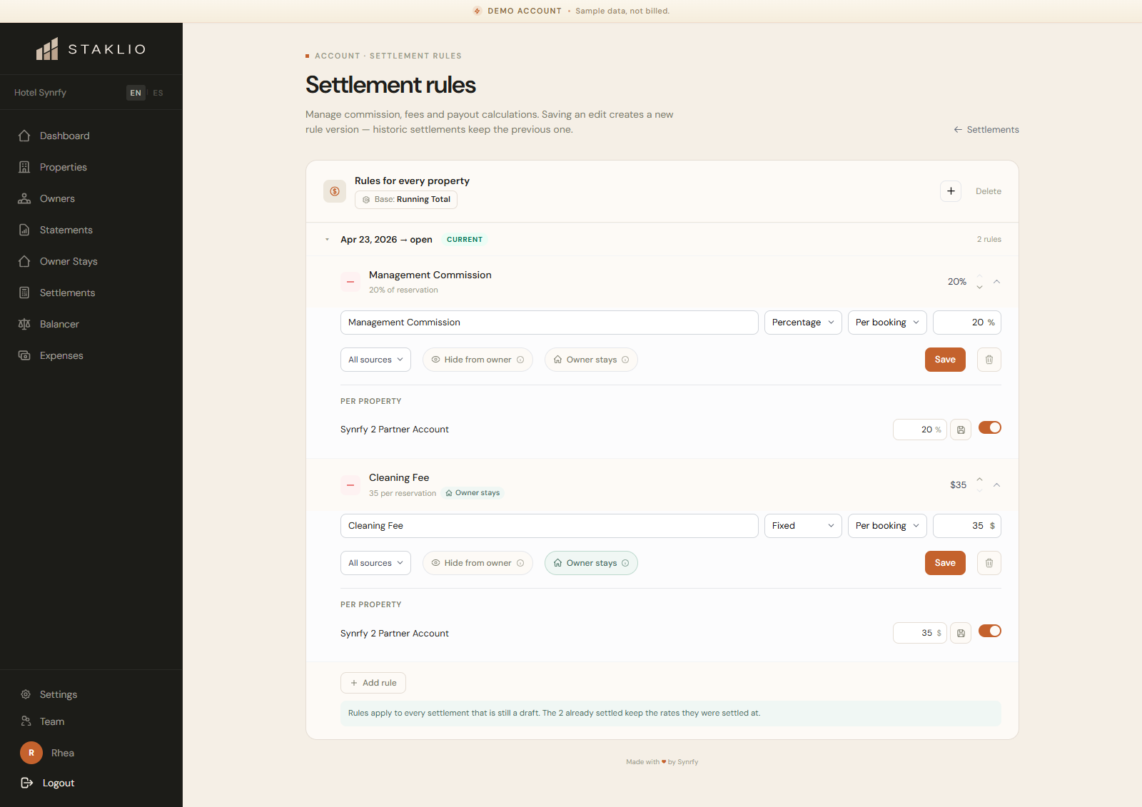 Settlement rules configuration with scope and order
