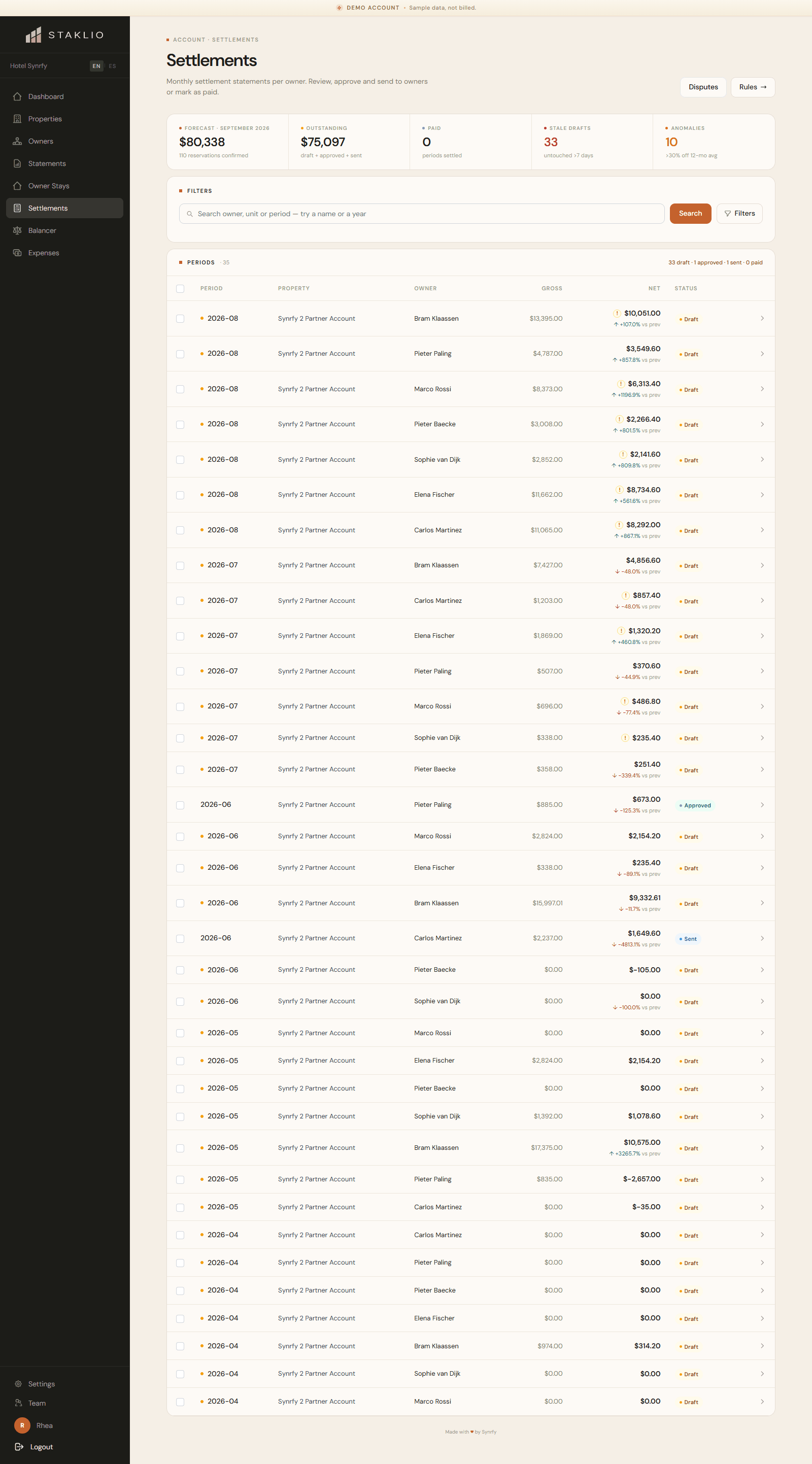 Settlements page with per-owner totals